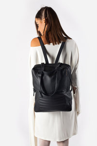 Black leather stylish unisex two in one backpack handbag - Bagology