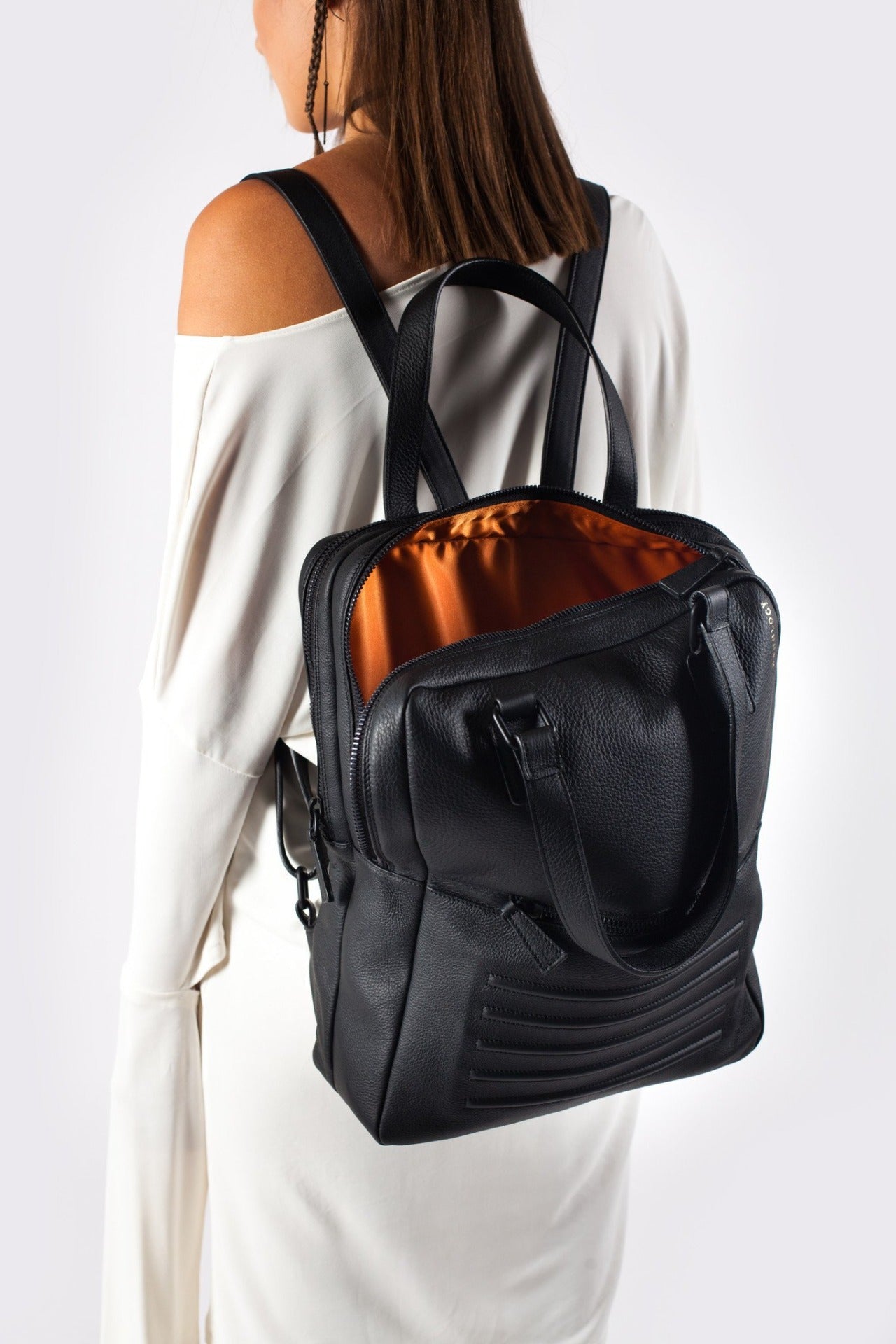 Black leather stylish unisex two in one backpack handbag - Bagology